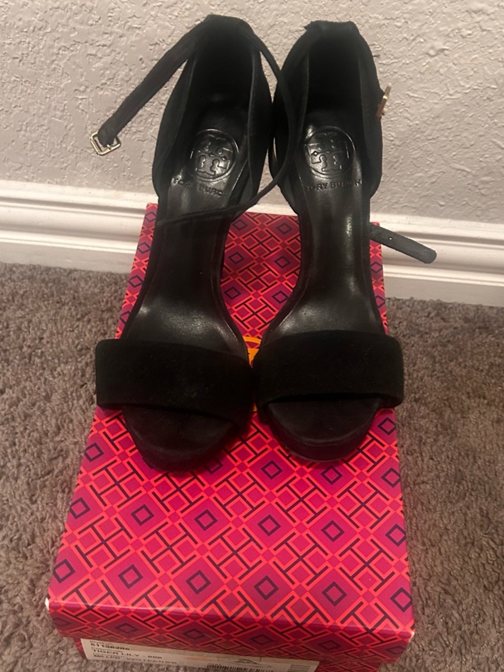 Tory Burch Black Suede Open-Toe Ankle-Strap Heels